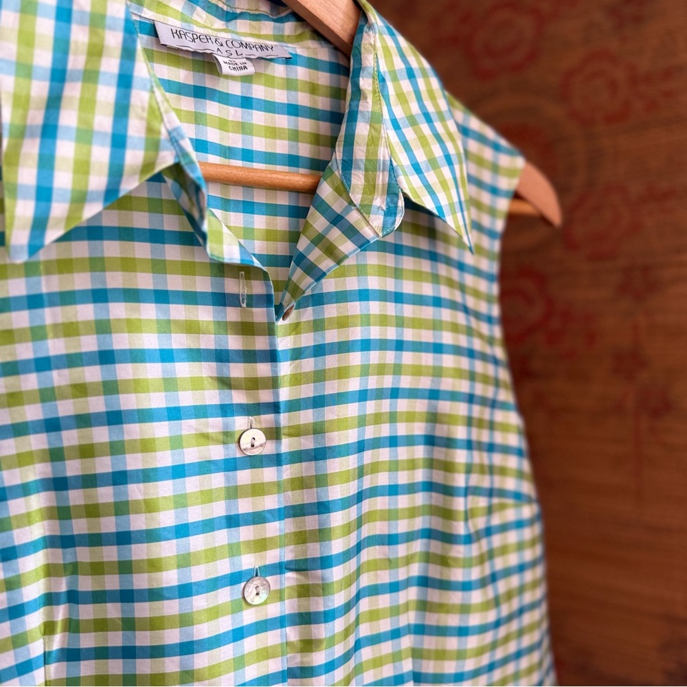 Vintage Silk Gingham Checkered Plaid Sleeveless Button Down Blouse size 8 - Picture 3 of 4